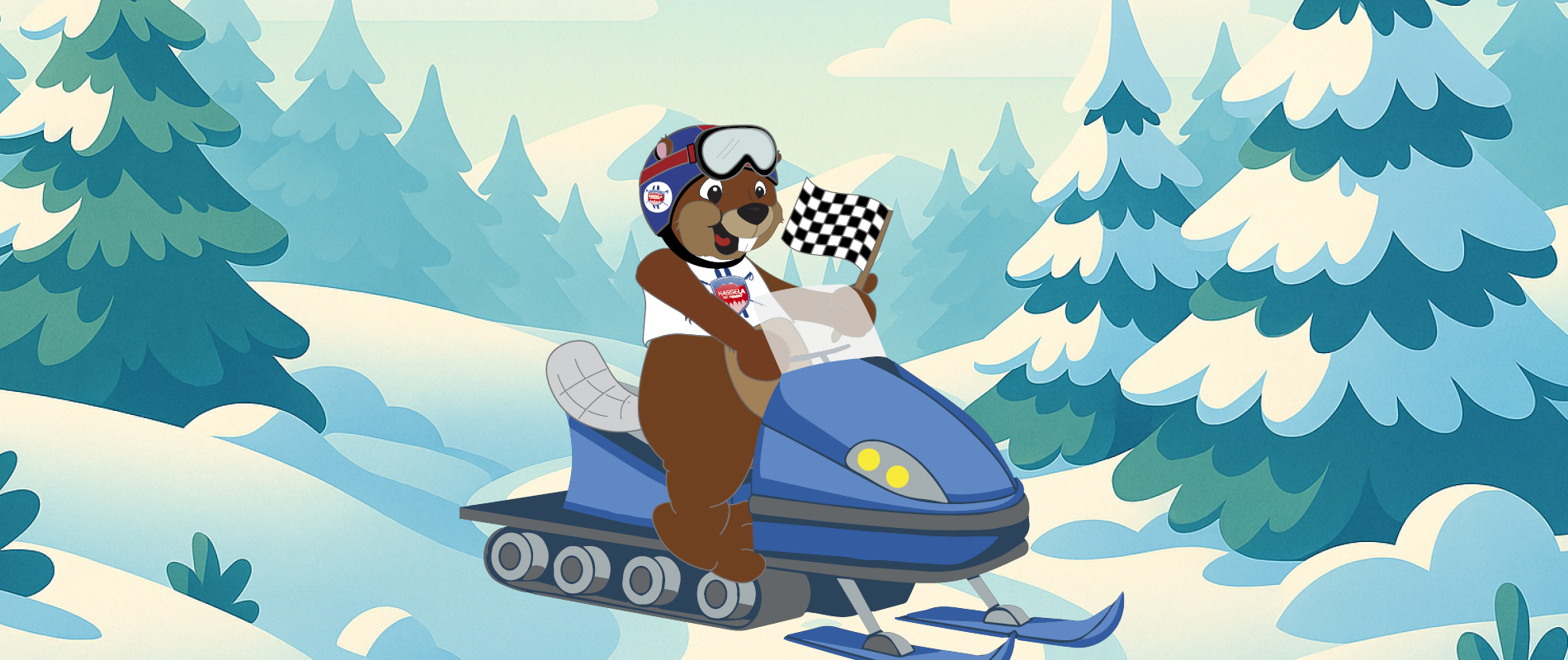 Bäver Benny leder en skotersafari genom snö och skog – ett fartfyllt vinteräventyr.