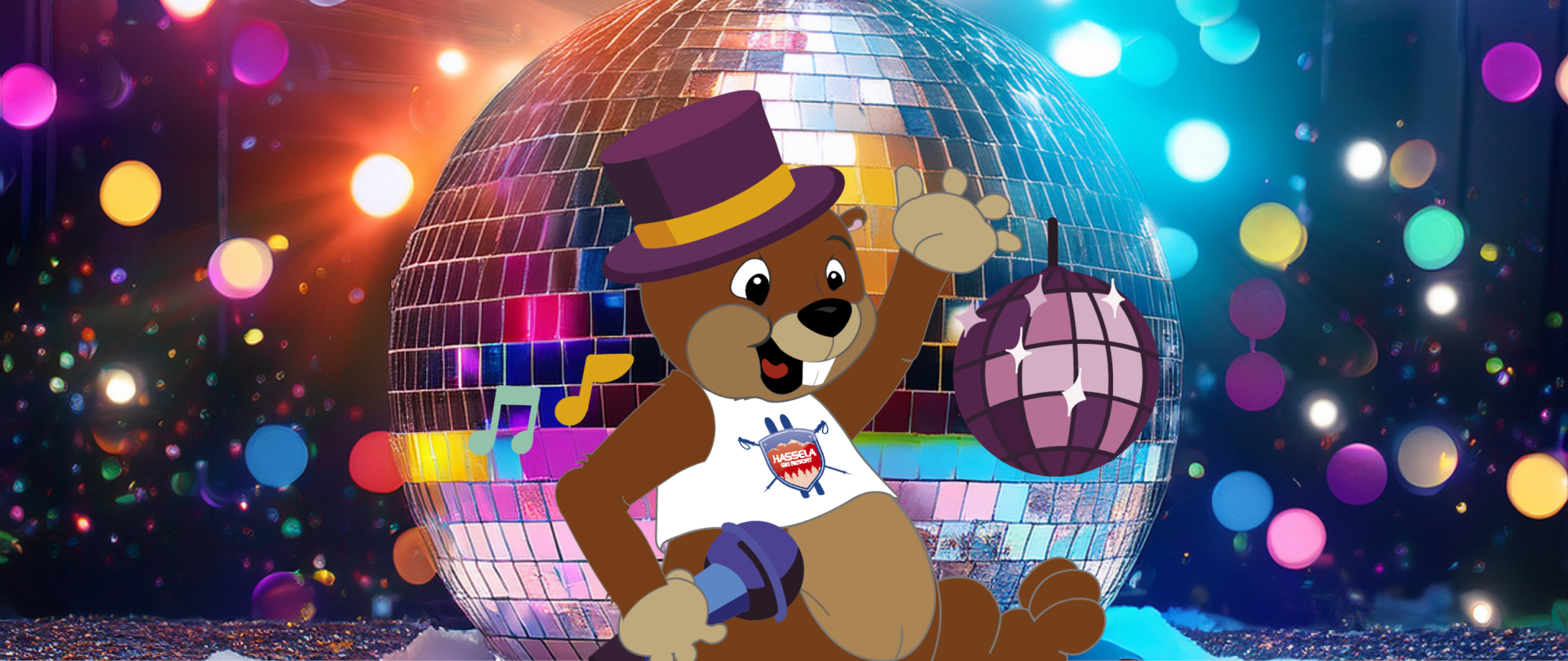 Färgstark after ski-scen med discokulor, glitter och konfetti där Bäver Benny dansar.