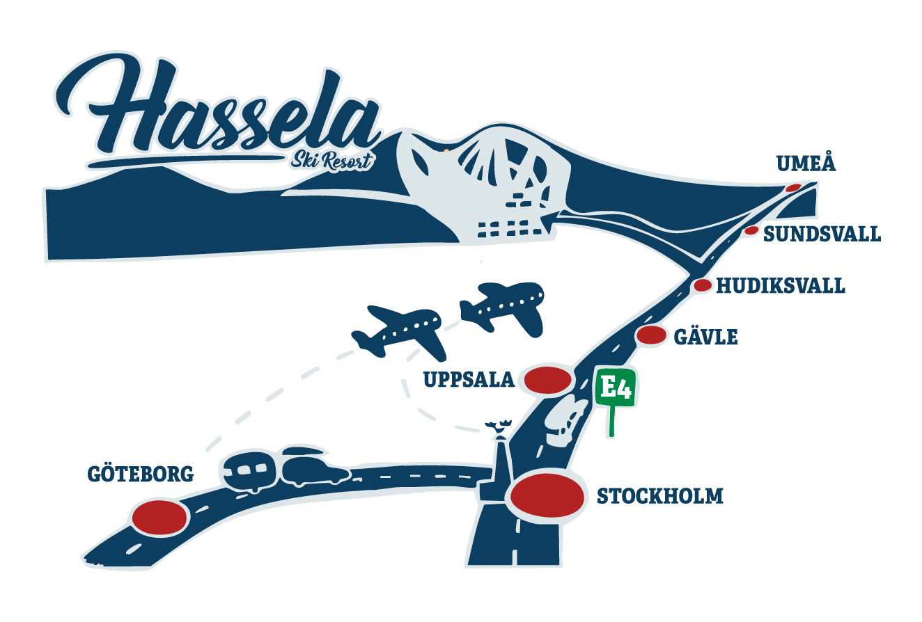 Illustrerad karta som visar Hassela Ski Resorts läge i förhållande till flera svenska städer, exempelvis Hudiksvall, Sundsvall, Gävle, Uppsala, Stockholm och Umeå
