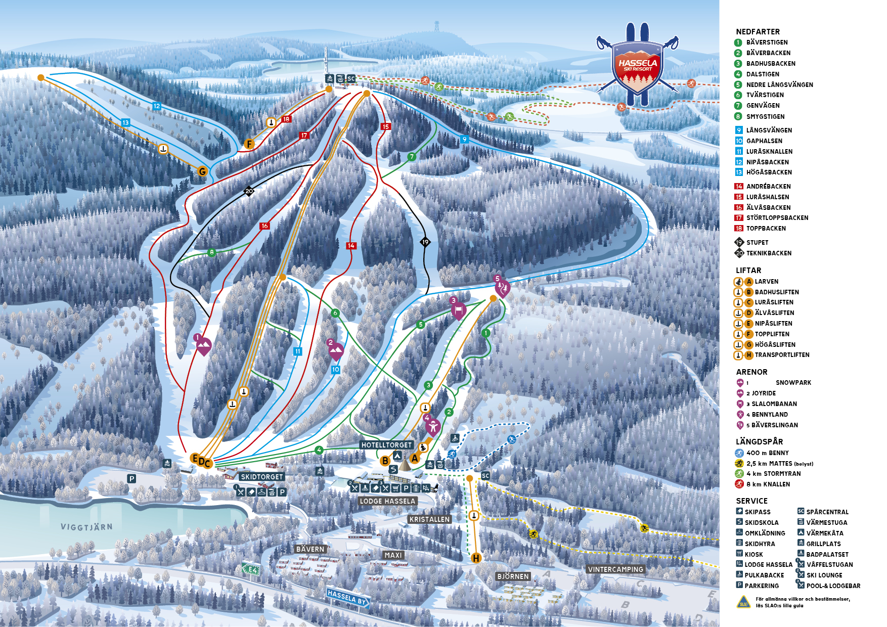 Pistkarta över Hassela Ski Resort med skidbackar, liftar, arenor och serviceområden markerade.