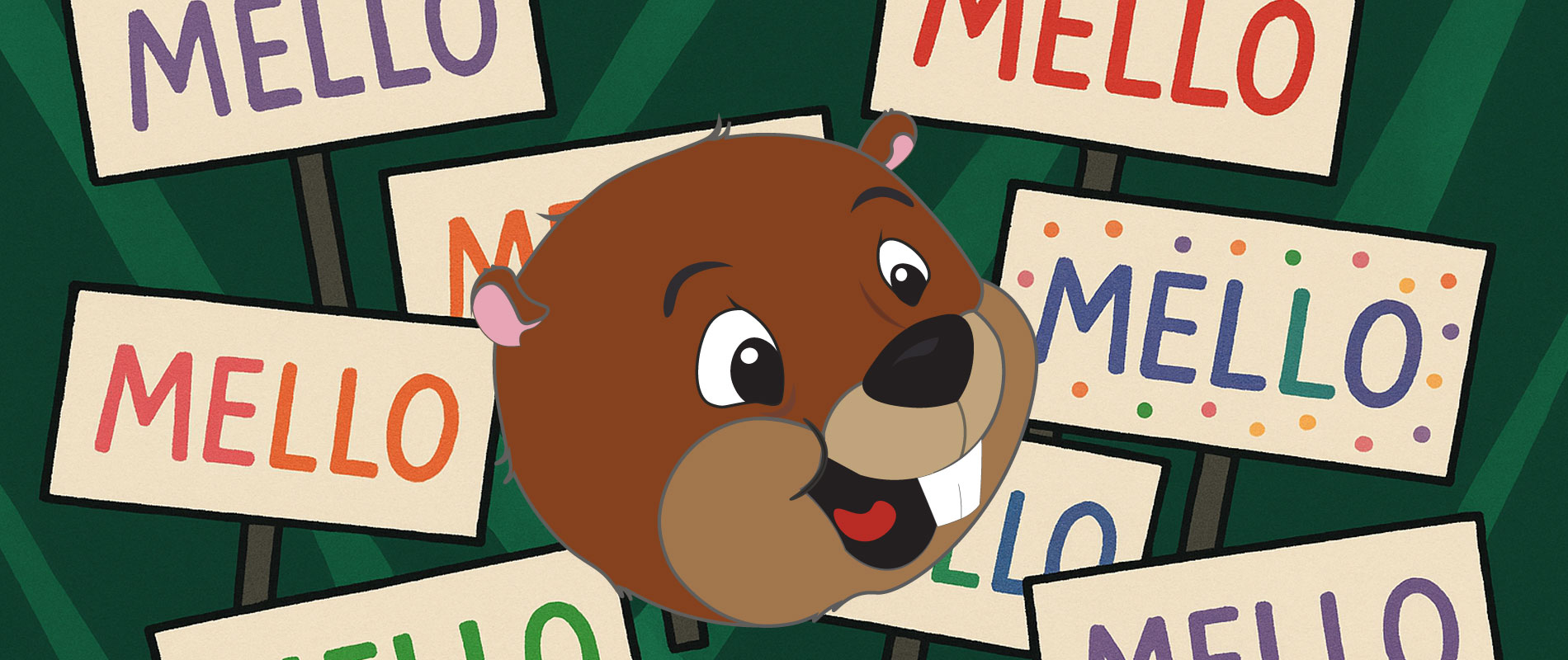 Handritade Melloskyltar på mörkgrön bakgrund med färgglada laserstrålar.