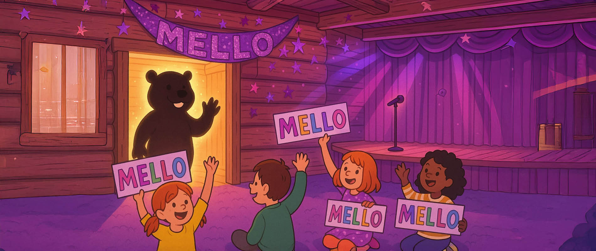 Barn som håller upp Melloskyltar medan Benny hälsar i Playroom inför Mellokväll.