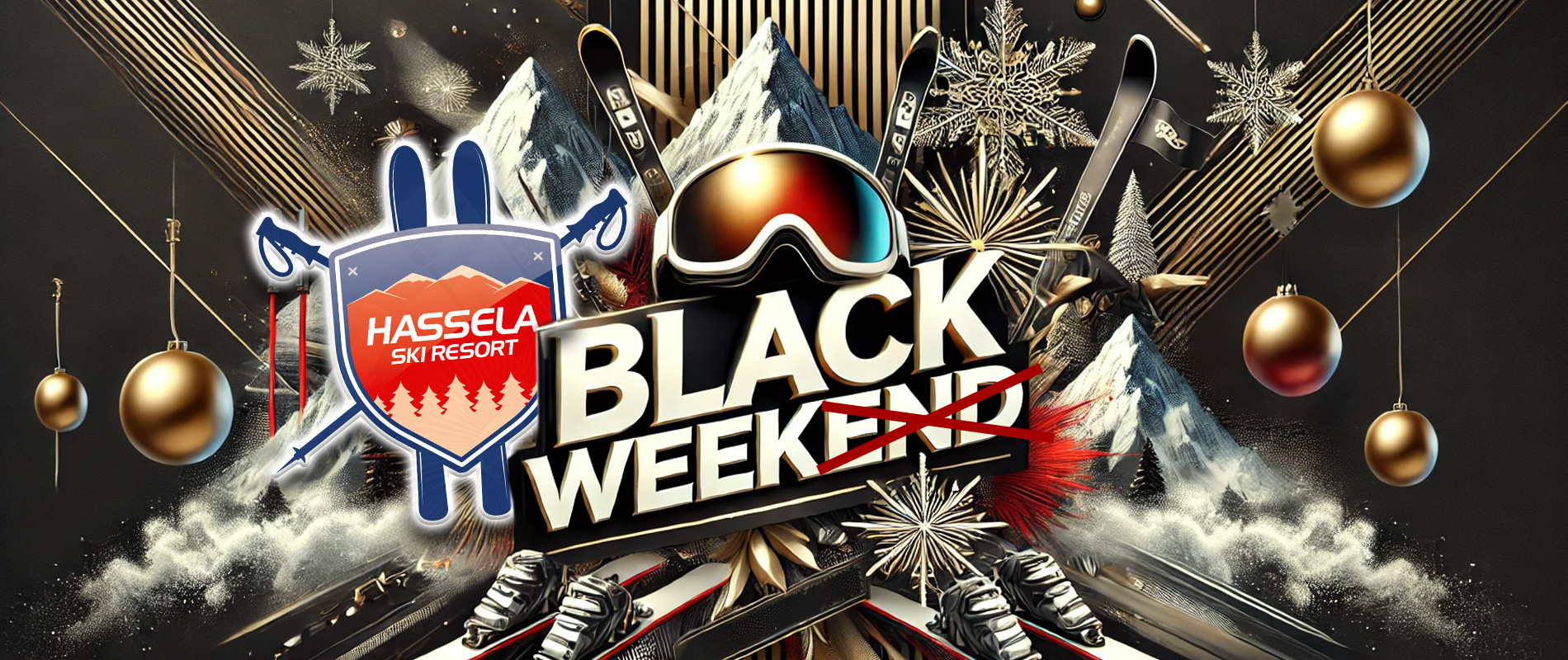 Black Week-logotyp med skidglasögon, Hassela-loggan och skidor i vintrig stil.